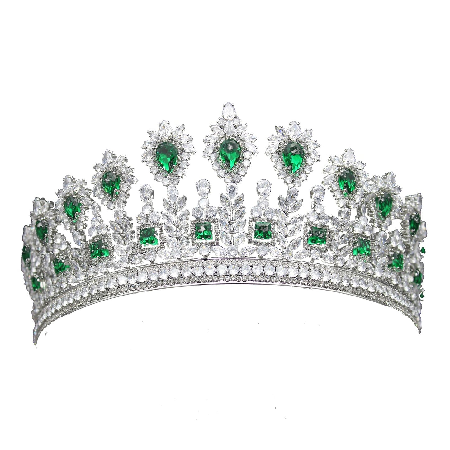 QXMYOO Luxury 5A CZ Wedding Tiaras and Crowns for Women Handmade Cubic Zirconia Large Bridal Headpiece Prom Birthday Queen Hair Accessories Zircon Headwear (Green)