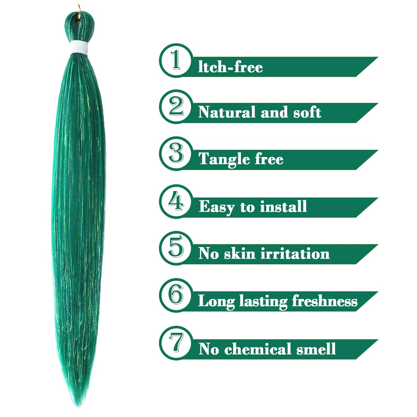 Savasana Green with Tinsel Pre stretched Braiding Hair, 26 Inches Box Braids Hair Extensions, 3 Packs Yaki Texture Braiding Hair Pre stretched
