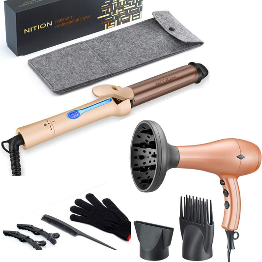 NITION Hair Dryer with Diffuser and 1 1⁄4 inch Argan Oil Curling Iron Set