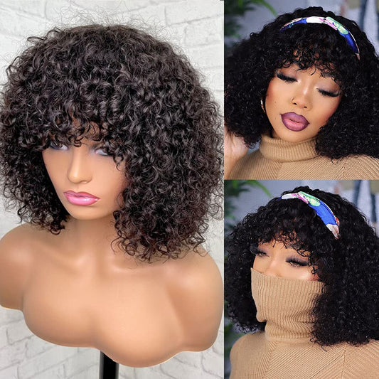 Short Jerry Curly Virgin Human Hair Wigs with Bang Full Machine Made 150% Density None Lace Front Wig 100% Unprocessed Natural Color Brazilian Hair Glueless Wig (12inch, Natural Black)
