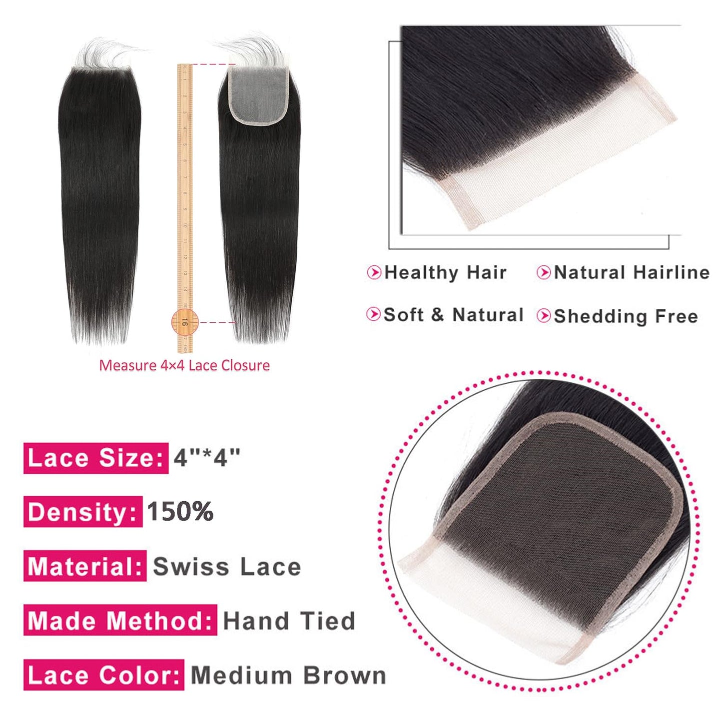 Straight Closure 4x4 6 Inch Hd Transparent 44 Lace Closure Human Hair Only 12a 100% Unprocessed Brazilian Virgin Remy 150% Density Free Part Pre Plucked With Baby Hair Natural Black