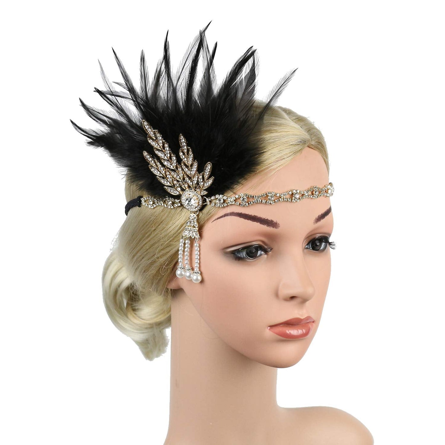 STIOEDYUAN Vintage 1920s Flapper Headband Great Gatsby Feather Headpiece Roaring 20s Leaf Tiara Hair Accessories For Women (Gold+Black)