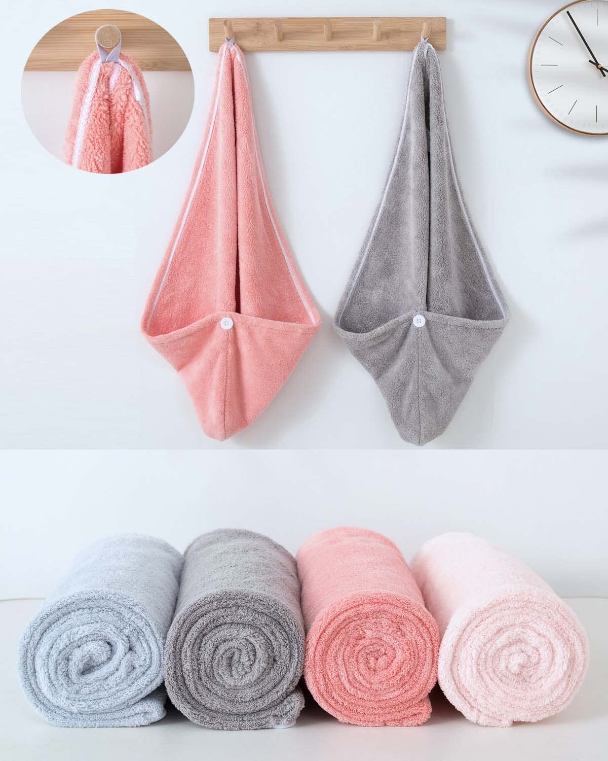 Bath Pre Dry Hair Towel 4-Piece Set Quick Dry Extra Absorbent Lightweight Turban with Button Hair Drying Wrap Bathroom Girl Friend Family Mom Gift