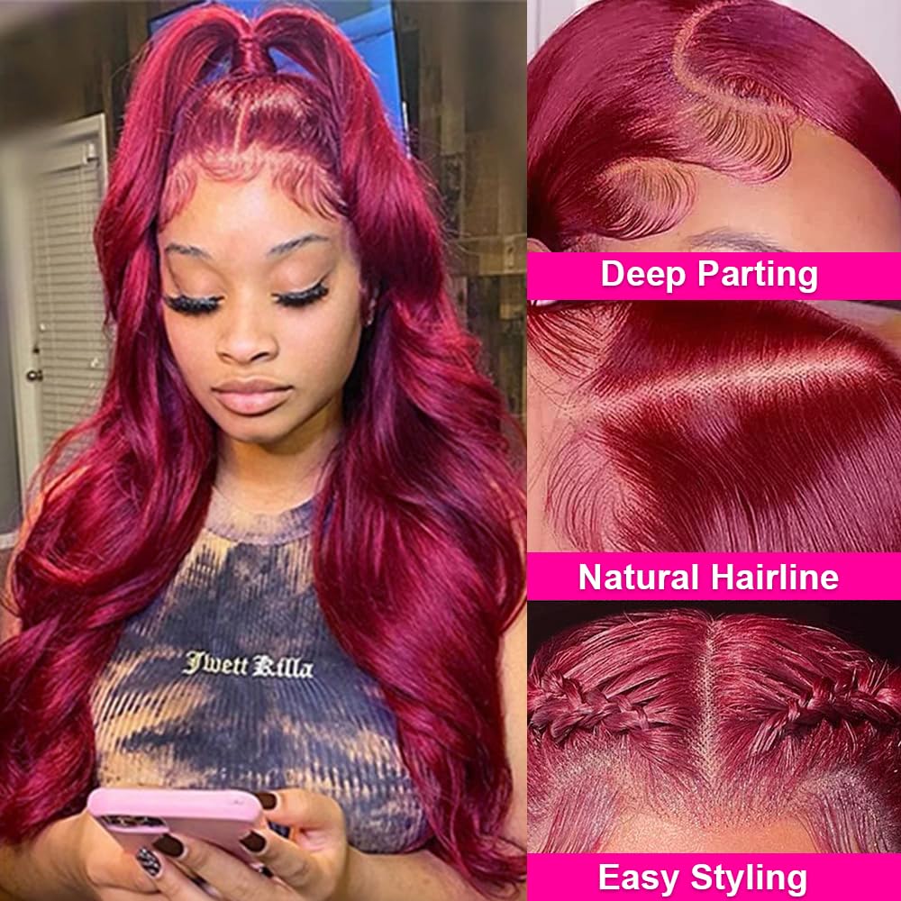 Silinli 99J Burgundy Lace Front Wigs Human Hair 180% Density 13X4 HD Lace Front Wigs Human Hair Body Wave Lace Front Wigs Human Hair Pre Plucked Frontal Wigs Human Hair 20 Inch