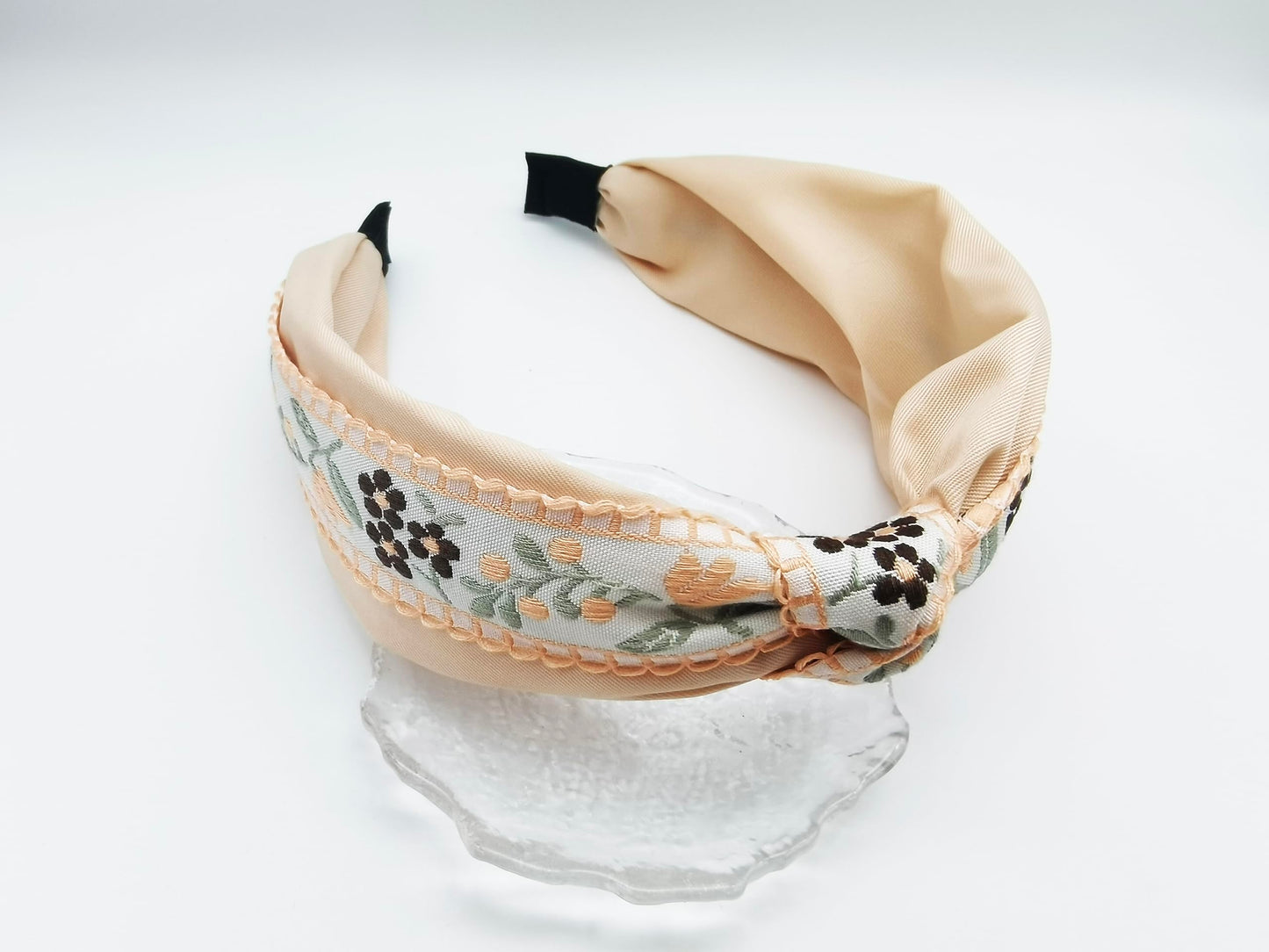 OUTVIE Boho Knotted Apricot Headband with Handmade Lace Embroidery Floral Metal Headband for Girls Womens