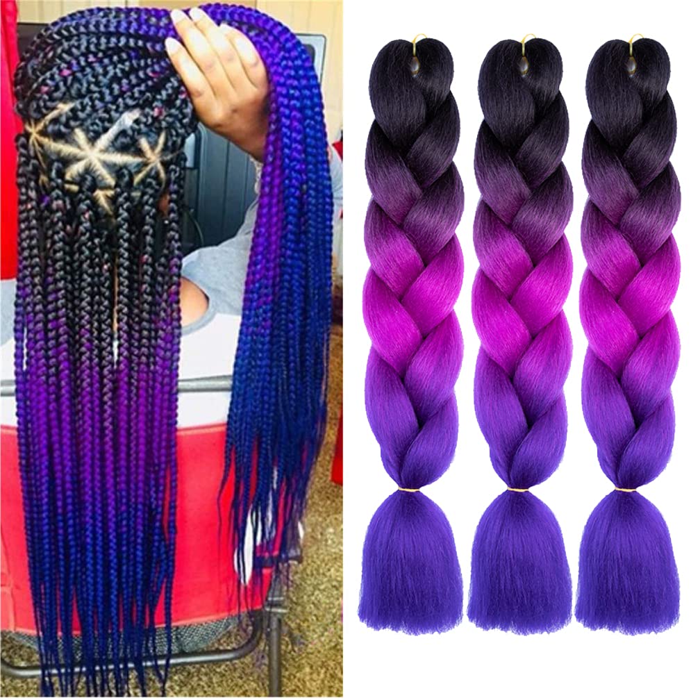 Xiaofeng Braiding Hair Extensions for Women 3 Packs 100g/Pack 24Inch High Temperature Ombre Jumbo Synthetic Braiding Hair for Twist Crochet Braids (24 Inch (Pack of 3), black-purple red-blue-3Pcs)