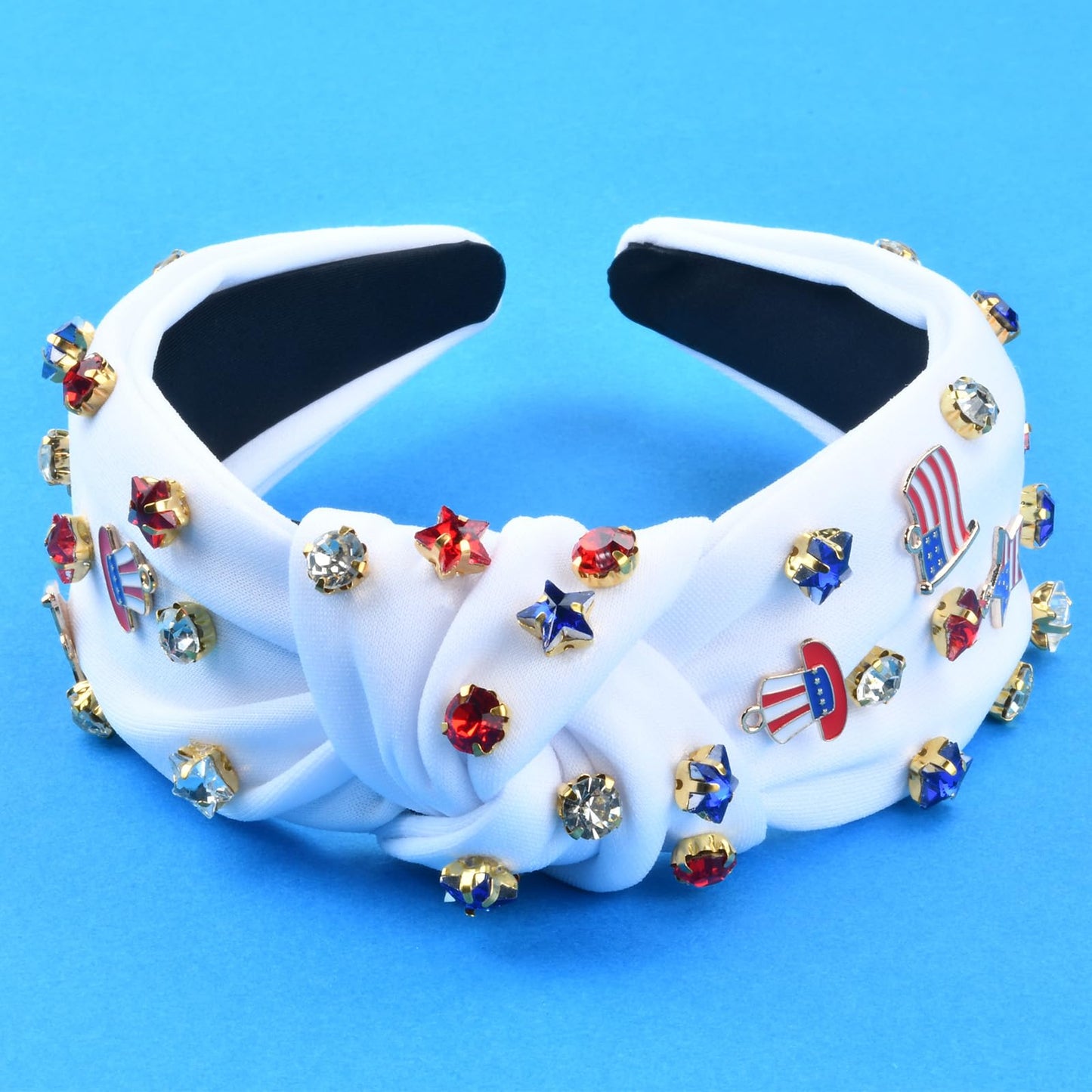 ABONDEVER Patriotic Rhinestone Beaded Headbands for Women American Flag Crystal Knotted Headband Embellished Jeweled Headbands 4th of July Hairband Accessories Gifts (White-Star)