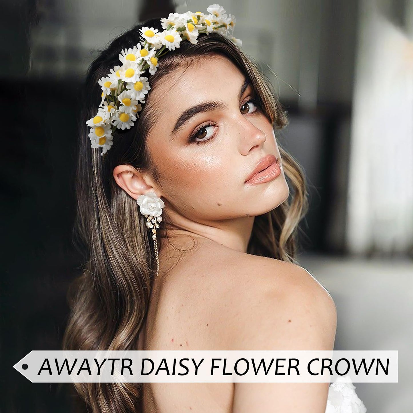 AWAYTR Flower Hippie Floral Crown - Boho Sunflower Headband for Women, Hippie Costume and Hair Accessories (White)