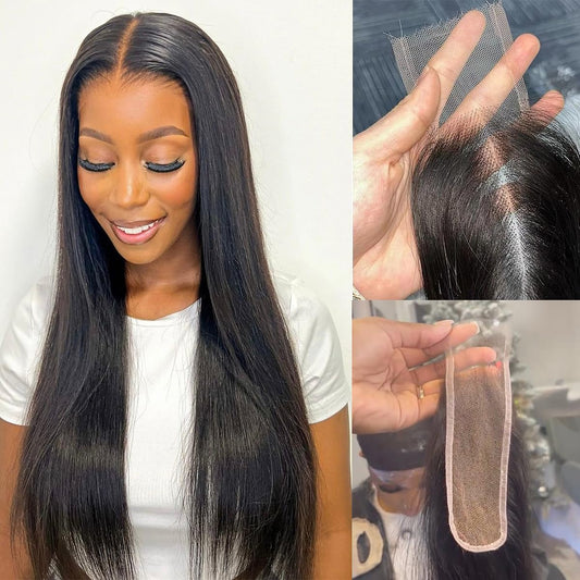 2x6 HD Lace Closure Human Hair Straight SKINLIKE Lace Closure Pre Plucked Bleached Knots 0.10mm Ultra Thin Kim K Closure HD Lace, 20 Inch Natural Black