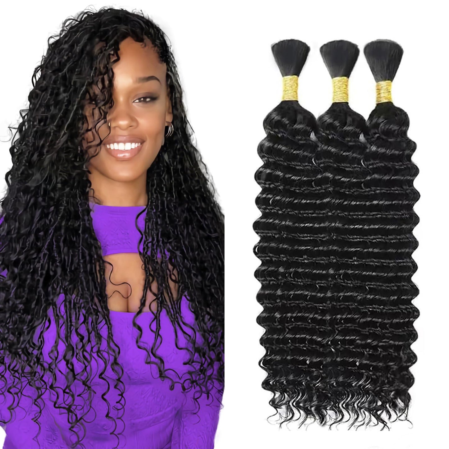 ZFY Human Braiding Hair 150g 20 Inch Deep Wave Bulk Human Hair for Braiding Boho Braids 100% Unprocessed Brazilian Virgin Human Hair Extensions No Weft 3 Bundle/Pack Natural Color