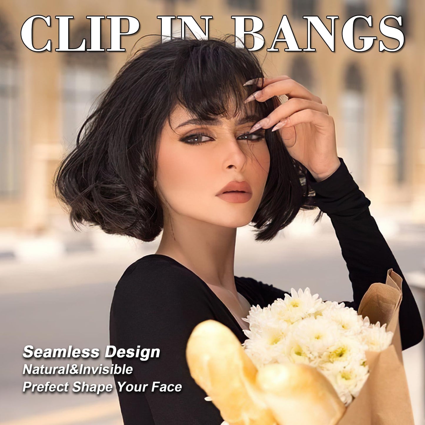 AISI BEAUTY Clip in Bangs-Fake Bangs Hair Clip 100% Real Human Hair Bangs French Bangs Fringe with Temples Flat Neat Fake Thick Hairpieces for Women(Black)