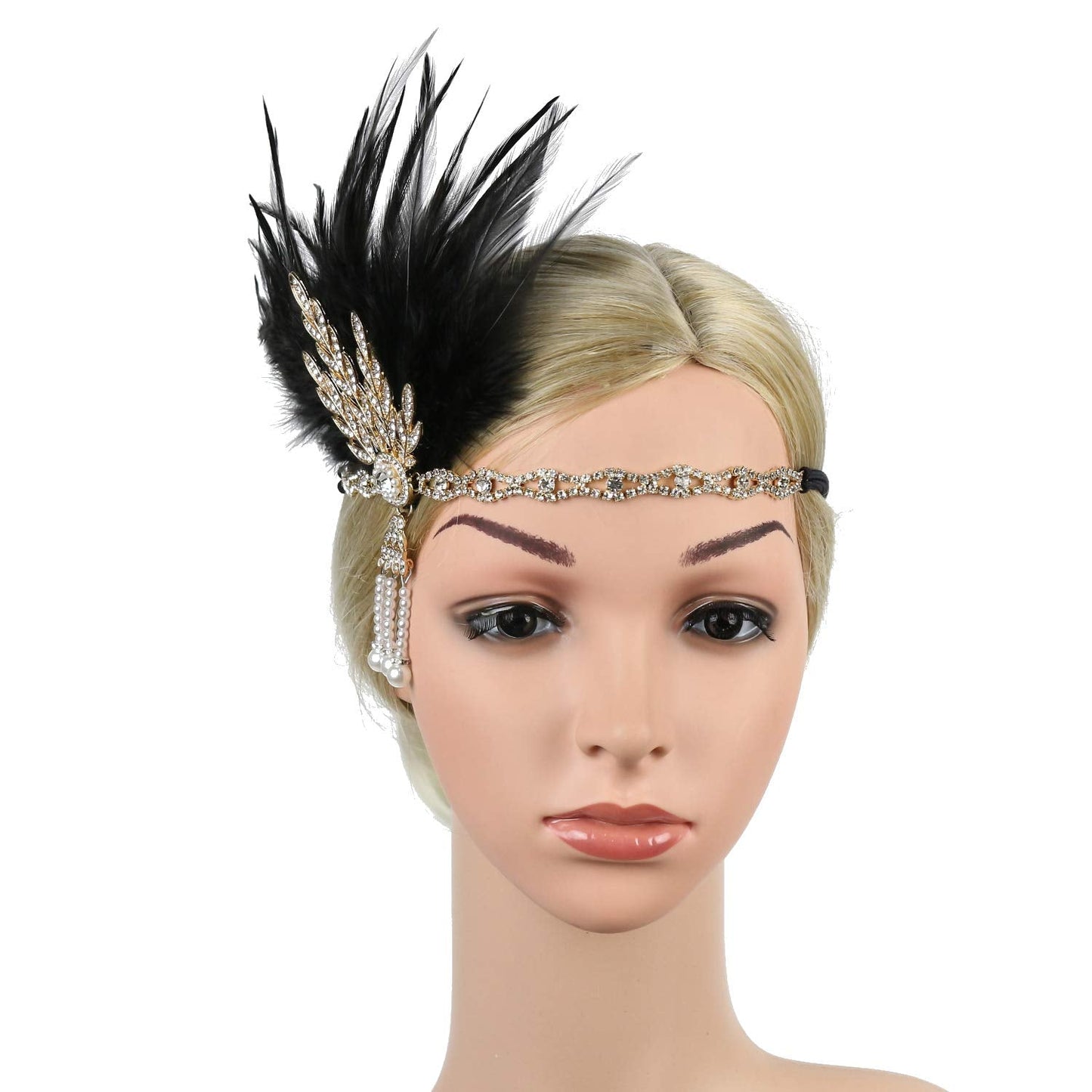 STIOEDYUAN Vintage 1920s Flapper Headband Great Gatsby Feather Headpiece Roaring 20s Leaf Tiara Hair Accessories For Women (Gold+Black)