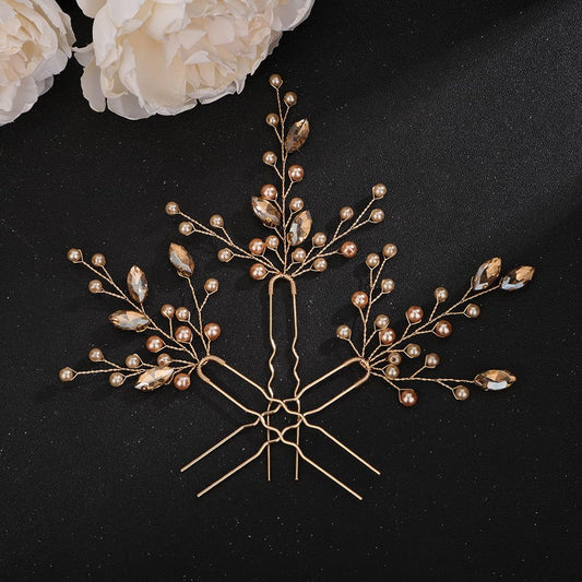 Teyglen 3pcs Crystal Pearl Bridal Hair Pins Pearl Bride Wedding Hair Pins Set for Bride Wedding Hair Accessories Handmade Red Black Champagne Pearl Hair Pieces for Women Bridesmaid Girls (Champagne)