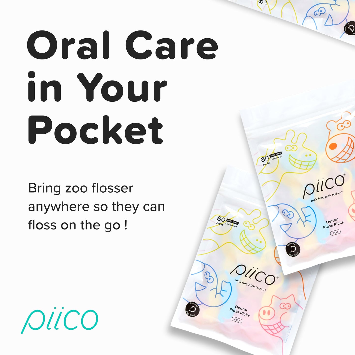 Piico Unflavored Kids Floss - No Fluoride Dual Line Dental Floss Picks - Fun Oral Care in Colorful Floss Sticks Design - Kids Flossers Prevent Tooth Decay & Gum Disease - 240 Count Zoo & Travel Case