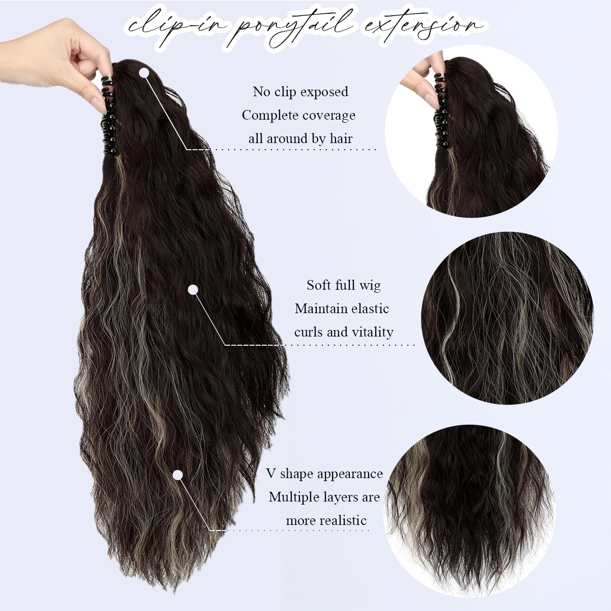 Yekartary Claw Clip Ponytail Extension for Women 18 Inch Long Wavy Multi Layered Hairpiece Fluffy Synthetic Hair Dark Brown mix Dark Blonde
