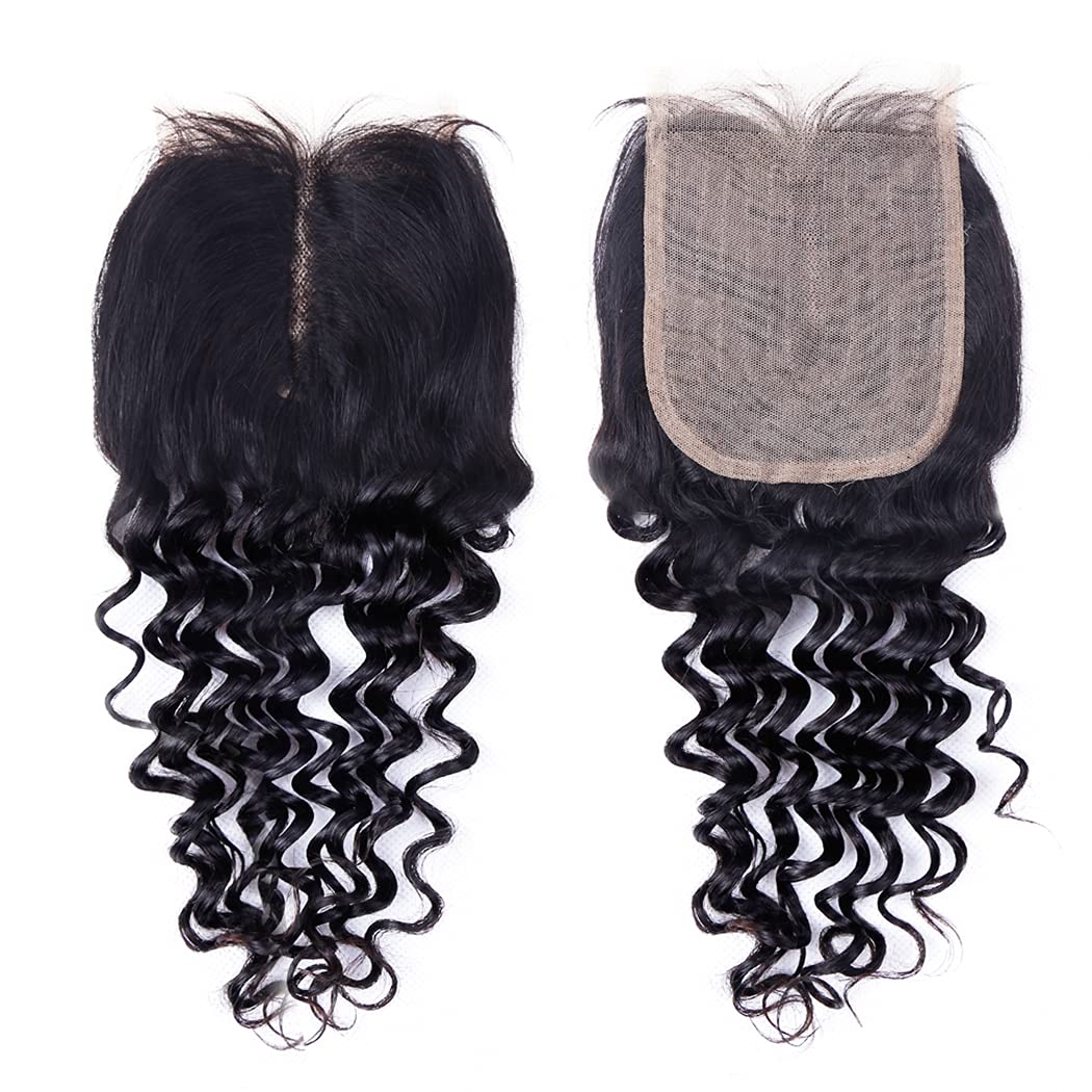 Odir Deep Wave Human Hair Bundles with Closure 10 12 14+10 Inch Unprocessed 9A Brazilian Deep Curly Wave Virgin Hair 3 Bundles with 4x4x1 T-Part Lace Closure Natural Color 70g/Bundle