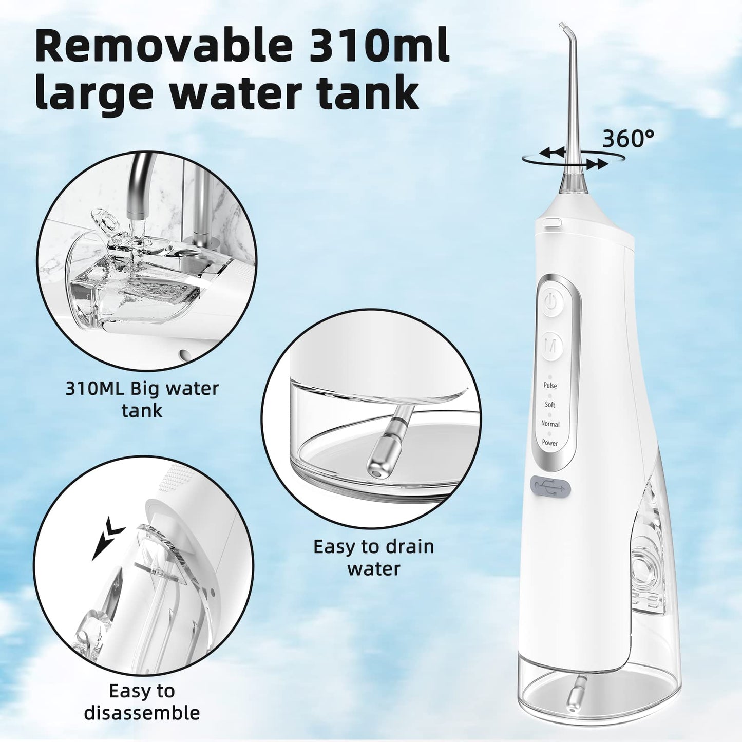 Water Flosser for Teeth Cleaning 4 Modes Rechargeable Oral Irrigator 4 Tips Powerful Battery Life Water Dental Picks IPX7 Waterproof 310ML Water Tank (White)