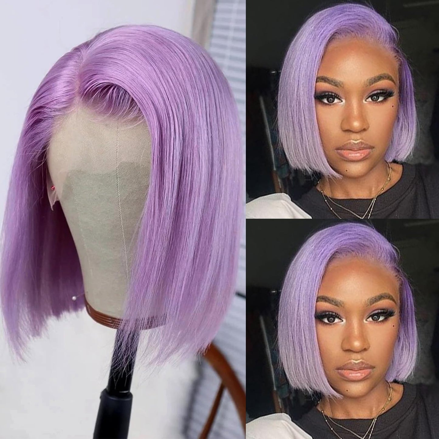Short Human Hair Wigs Light Purple Bob Wig 13x4 Lace Frontal Wig Human Hair Straight Lilac Bob Wigs for Black Women Pre Plucked Colored HD Lace Glueless Bob Wig Human Hair 14 Inch 180% Density