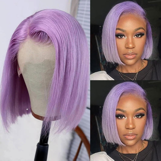 Short Human Hair Wigs Light Purple Bob Wig 13x4 Lace Frontal Wig Human Hair Straight Lilac Bob Wigs for Black Women Pre Plucked Colored HD Lace Glueless Bob Wig Human Hair 14 Inch 180% Density