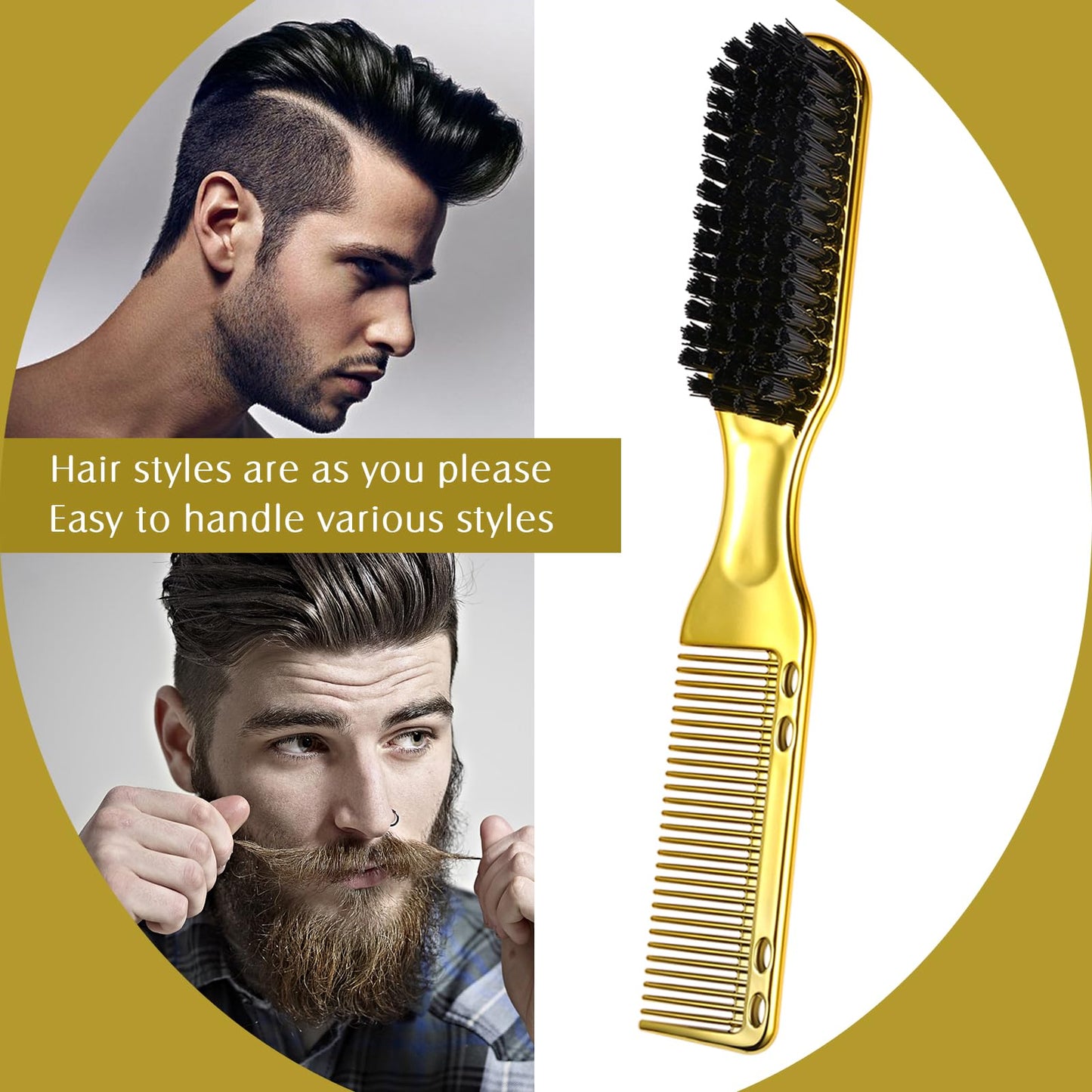 Vtrem Styling Comb for Men: Double Head Cleaning Brush Comb Golden Men's Oil Head Beard Styling Brush-Cleaning Tools Salons Home Use