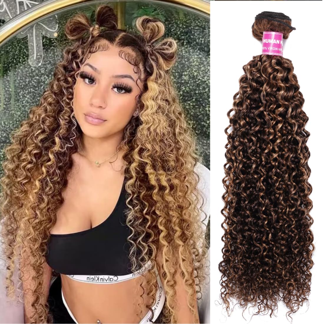 Sunber Human Hair Bundle Honey Blonde Highlight Curly Human Hair Weave Bundle 12A Brazilian Remy TL412 Highlights Balayage Color 22"Inch Human Hair Weave Sew in Extension
