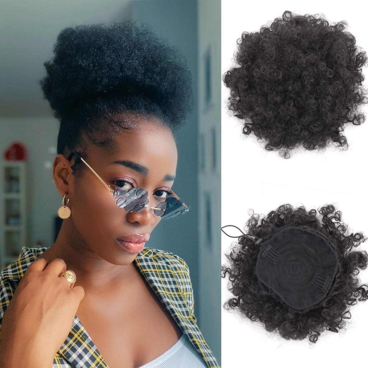 Afro Puff Drawstring Ponytail 2packs Fluffy Short Kinky Curly Hair Bun for Black Women (8INCH, 1B)