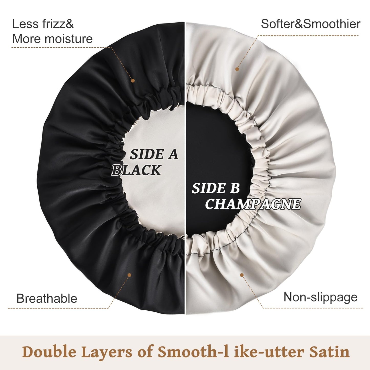 Silk Bonnet for Men Sleeping Satin Bonnet Hair Bonnets Double Layer Ajustable Bonnet Curly Braids Hair for Black Men and Women Sleep Cap (Black/Champagne)