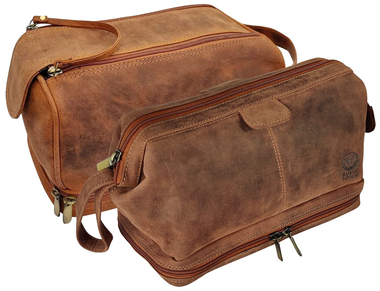 RUSTIC TOWN Handmade Quality Leather Toiletry Bags Combo - The Best Masculine Travel Gift For Men and Women