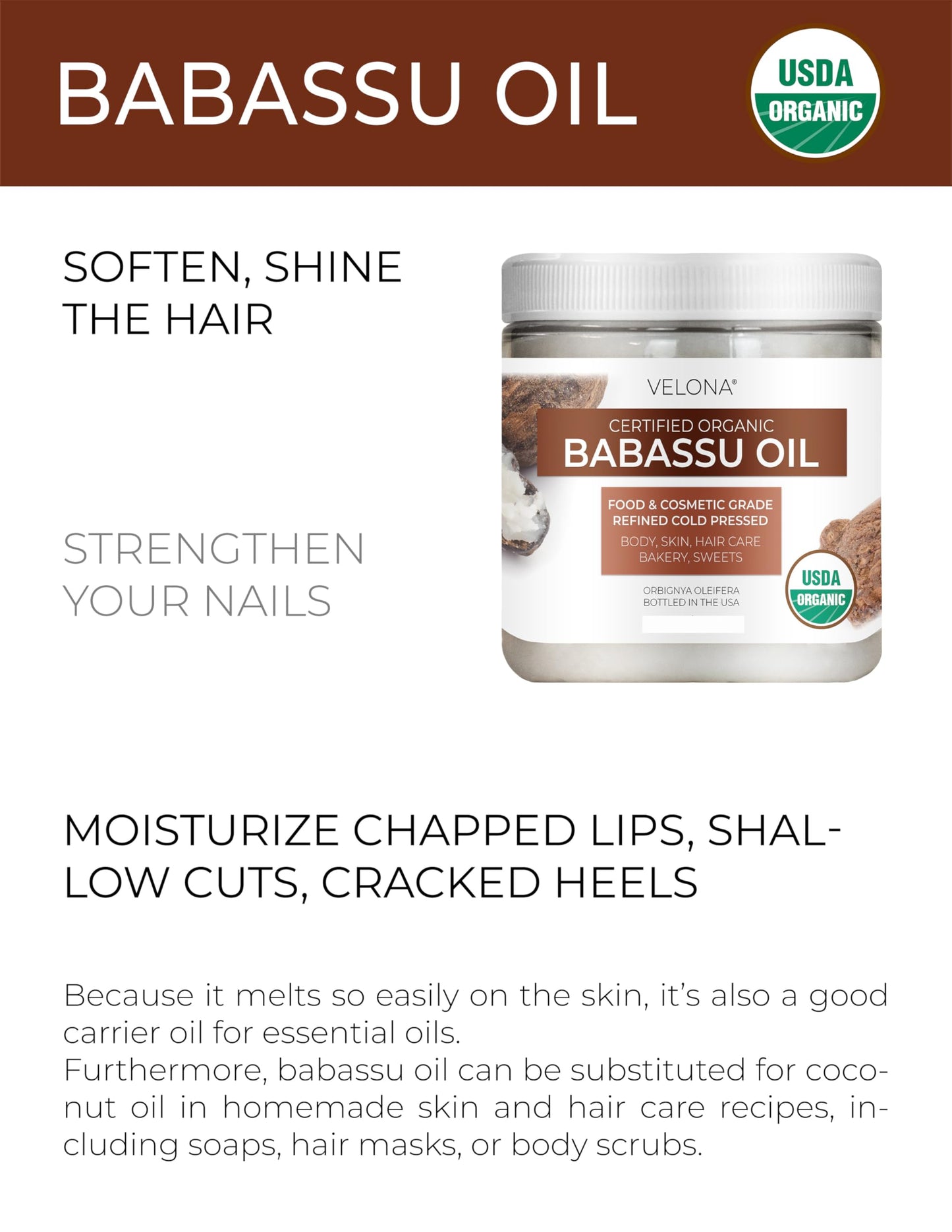 velona Babassu Oil USDA Certified Organic - 8 Fl Oz | 100% Pure and Natural Carrier Oil | Refined, Cold Pressed | Face, Hair, Body & Skin Care and Cooking | Use Today - Enjoy Results…