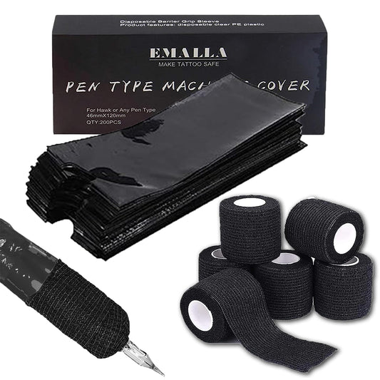 Sotica 200PCS Pen Covers with 6PCS Grip Tape Machine Wrap Cover Black Pen Bags Pen Sleeves Machine Sleeves with Black Grip Wrap Self-Adherent Tape Plastic Covers