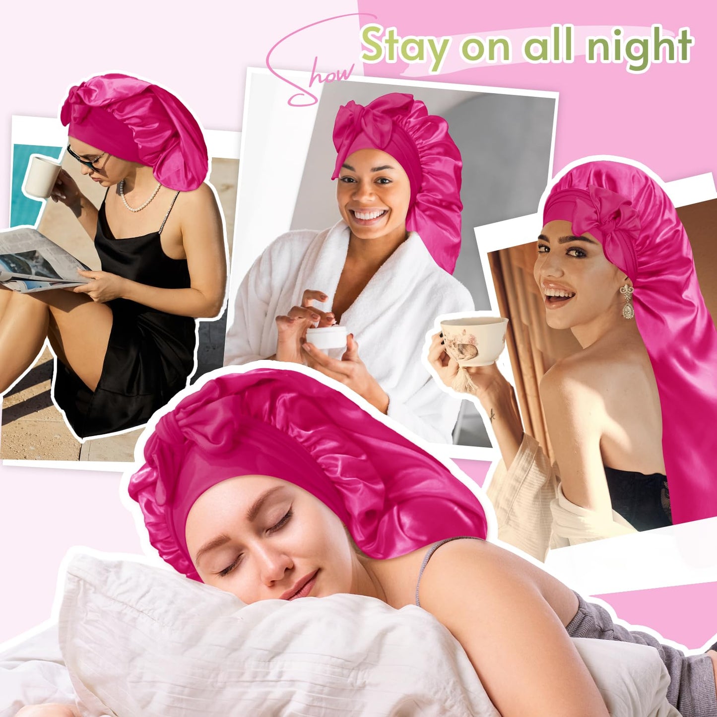 BONNET QUEEN Braid Bonnet Silk Bonnet Foldable Extra Long Bonnet for Braids Satin Bonnet for Sleeping Hair Bonnet with Tie Band Long Sleep Cap Hot Pink