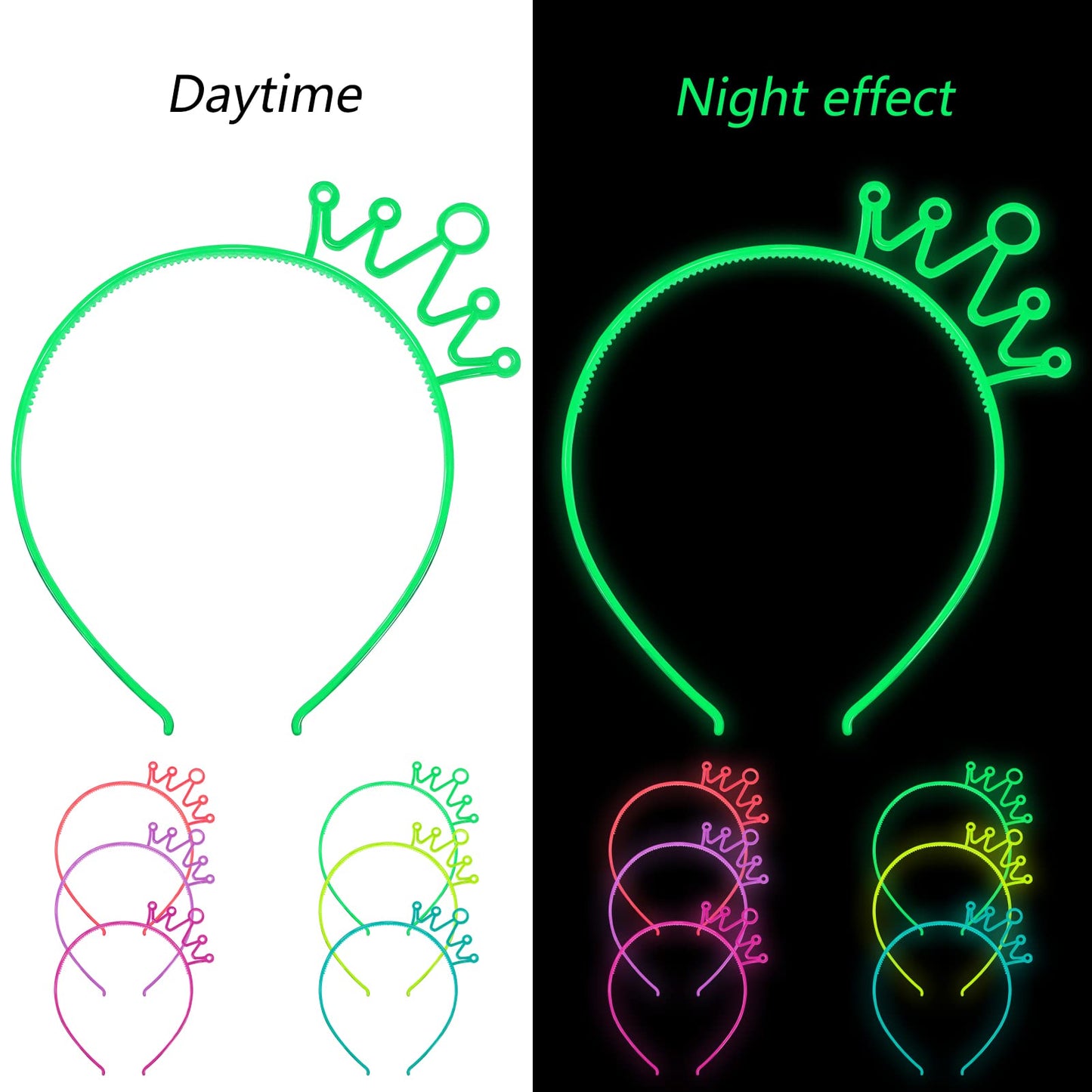 ZIRICHER 6 Colors Glow in the Dark Crowns Headbands, Plastic Light Up Hair Band Luminous Headband For Girls Party Crown Headbands