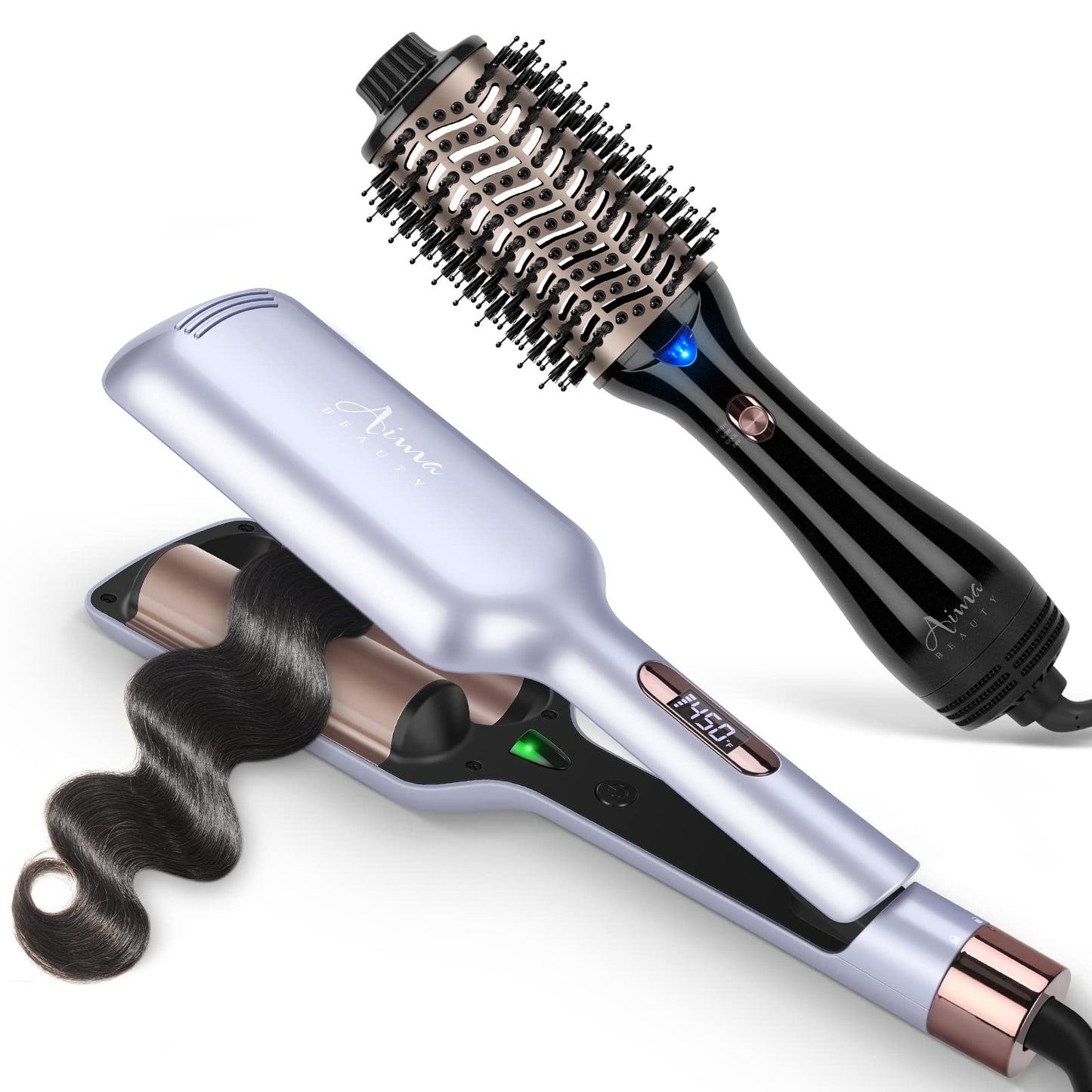 One Step Hair Dryer & Volumizing Hot Air Brush and Twins Mermaid Hair Waver,Anti-Scald Hair Crimper Bundle