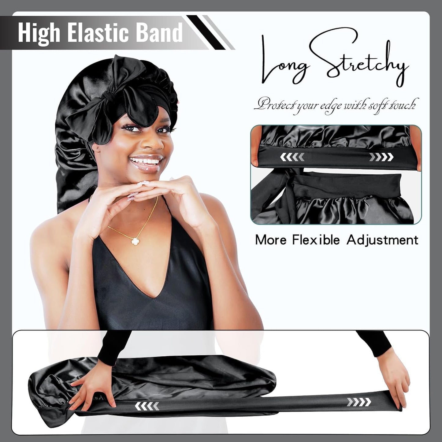 BONNET QUEEN Braid Bonnet Silk Bonnet Foldable Extra Long Bonnet for Braids Satin Bonnet for Sleeping Hair Bonnet with Tie Band Long Sleep Cap Black