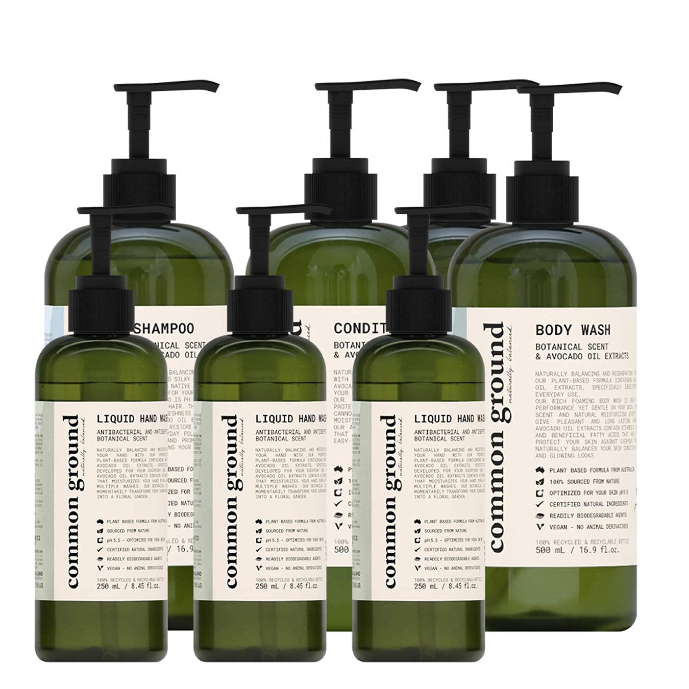 Shampoo, Conditioner, Body Wash & 3 Hand Wash Bundle (7 Items), Paraben & Cruelty Free, Organic, Vegan, Plant-Based, Botanical Scent & Avocado Oil Extracts, Men, Women, Sensitive