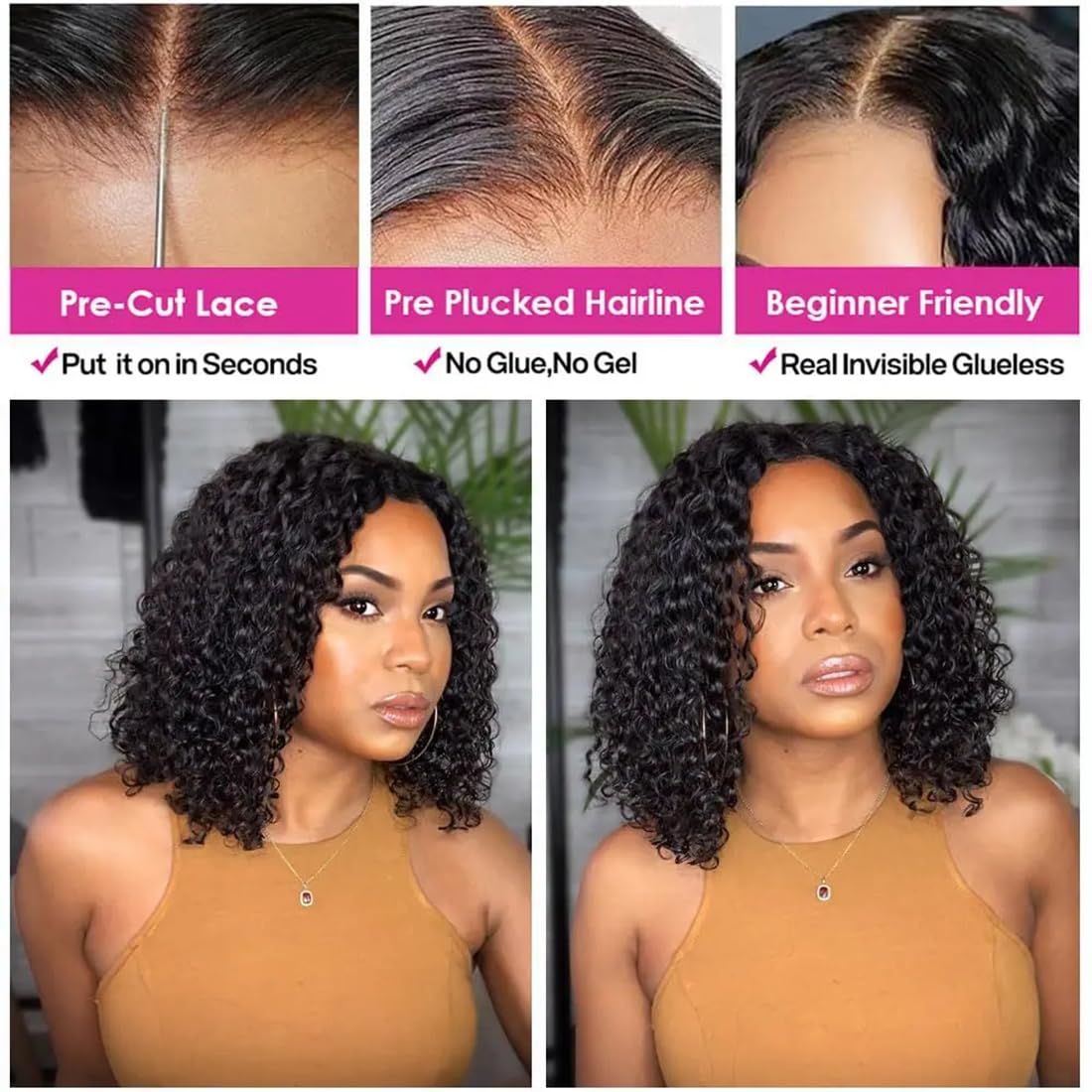 Real Wear And Go Short Curly Wig Human Hair 180% Density Black Water Wave Bob Wigs Human Hair Glueless Pre-cut 4x4 Lace Closure Wig Brazilian Human Hair 10Inch