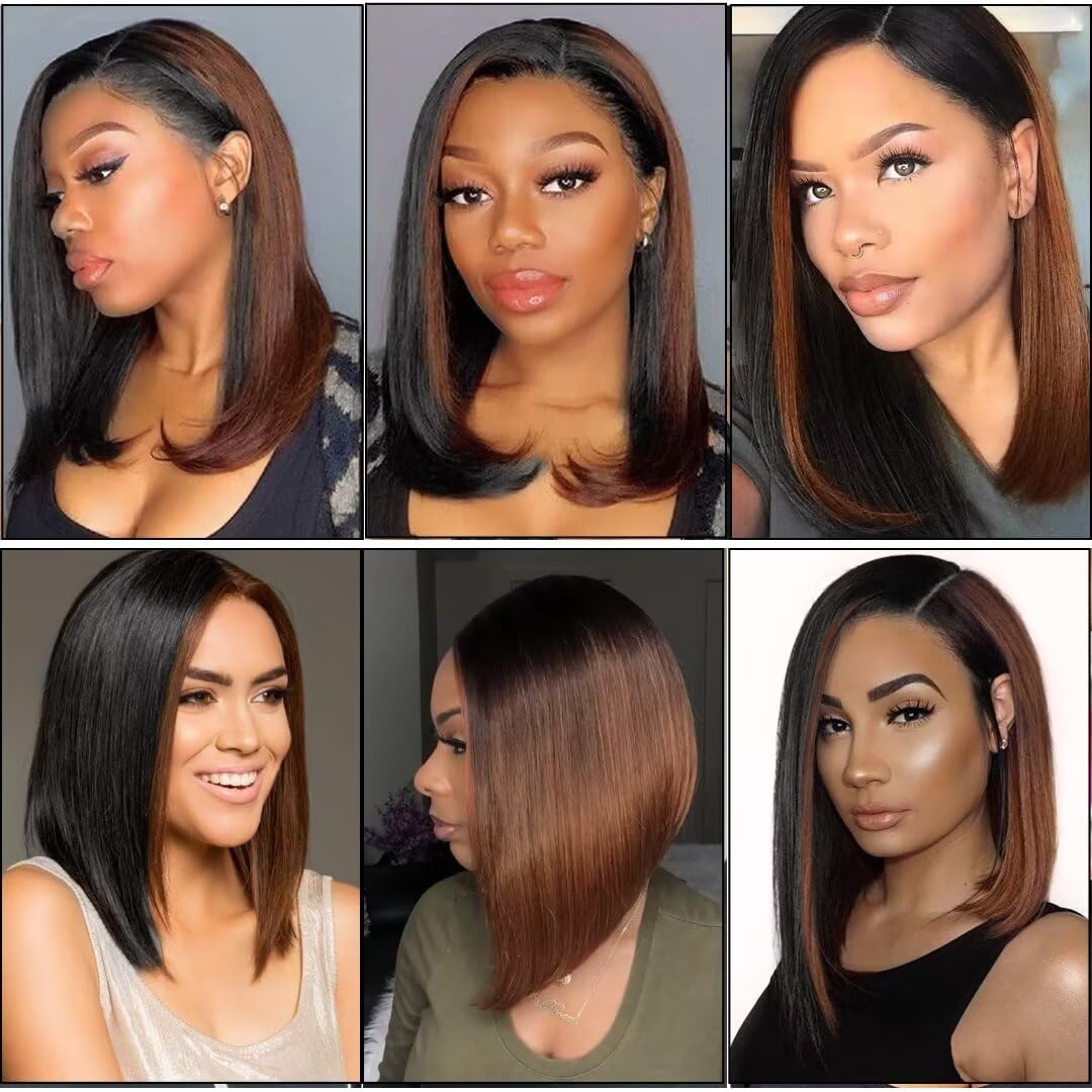Aliesencia Highlight Bob Wig Short for Black Women Straight Synthetic Lace Wigs Natural Looking Heat Resistant Synthetic Hair Women's Wig(Black With Auburn Brown Strips)