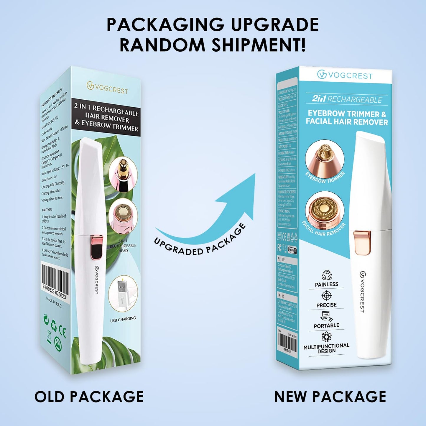 VG VOGCREST Eyebrow Facial Trimmer: 2 in1 Rechargeable Facial Hair Removal and Eyebrow Shaver - Face Lips Body Painless Facial Razor with Built-in LED Light (White)