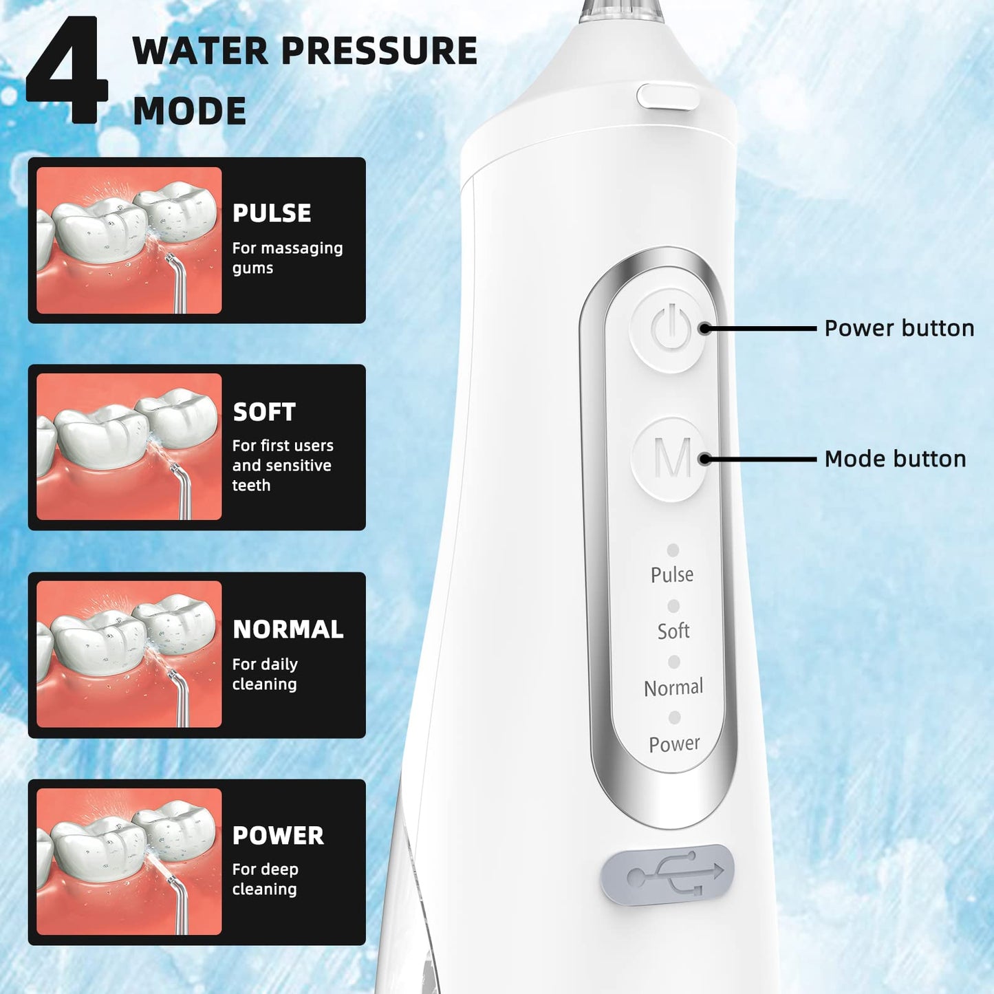 Water Flosser for Teeth Cleaning 4 Modes Rechargeable Oral Irrigator 4 Tips Powerful Battery Life Water Dental Picks IPX7 Waterproof 310ML Water Tank (White)