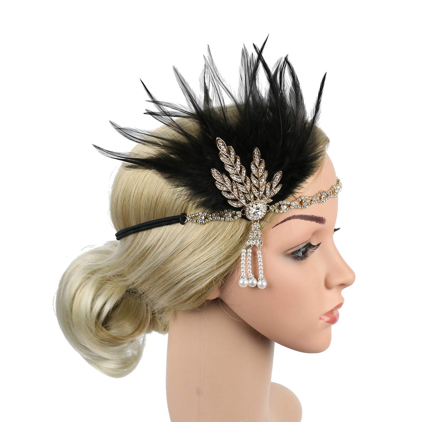STIOEDYUAN Vintage 1920s Flapper Headband Great Gatsby Feather Headpiece Roaring 20s Leaf Tiara Hair Accessories For Women (Gold+Black)