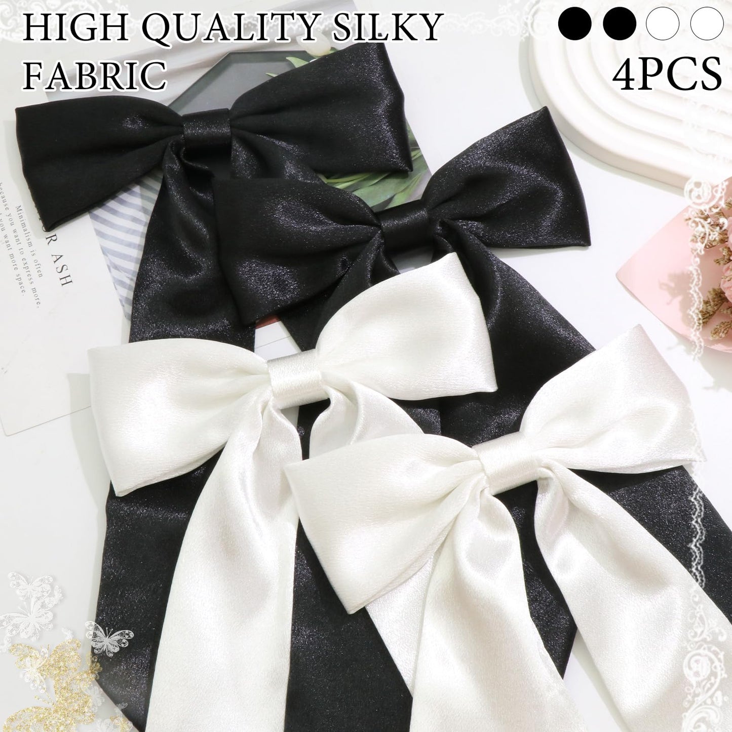 SAWINDA 4PCS Silky Satin Hair Bows for Women Black White Hair Ribbon Clip with Long Tail for Hair Daily Wear Wedding Party Prom Hair Bow Hair Accessories for Women Girls (Black*2&White*2)