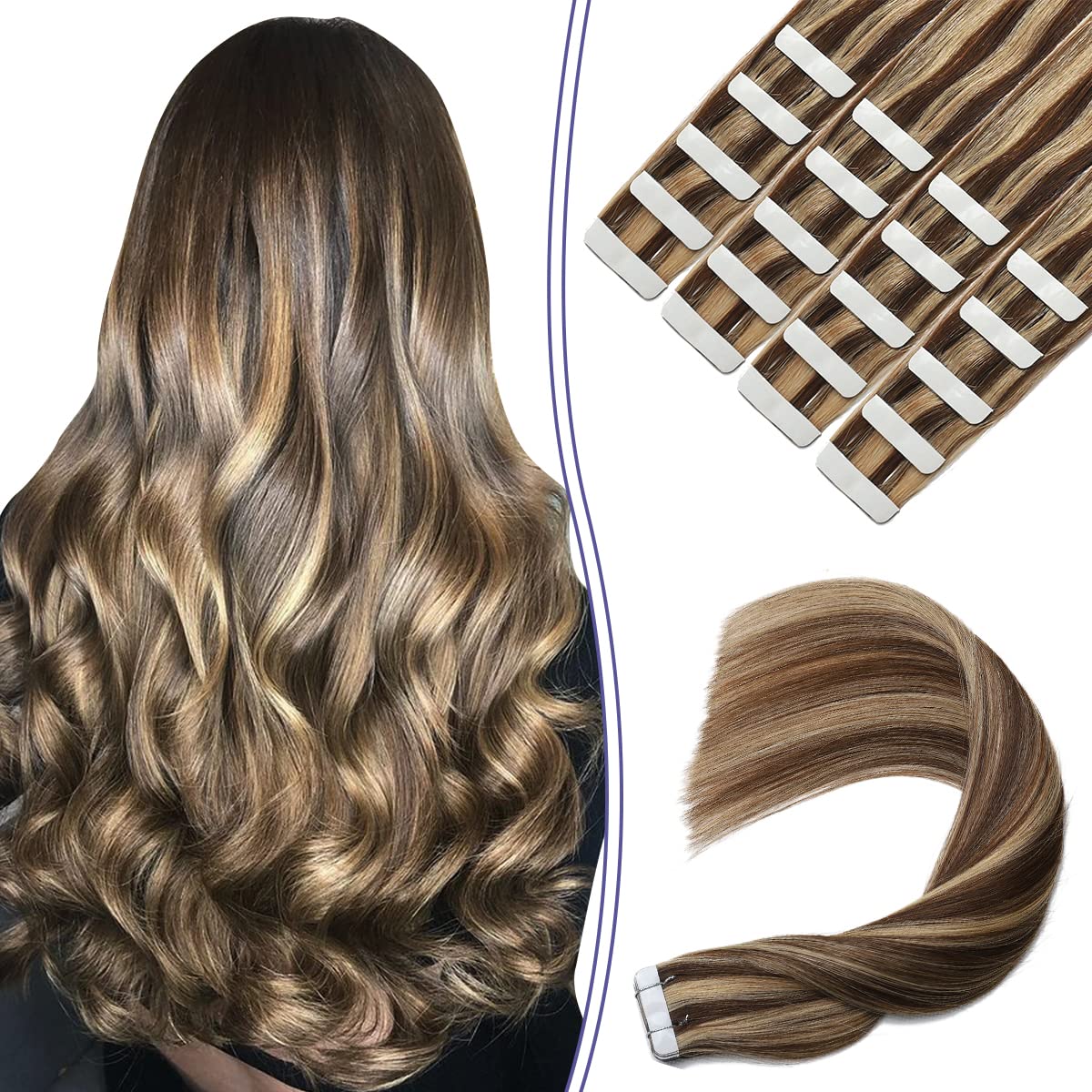 Sindra Hair Extensions Tape in Real Human Hair 22Inch Chocolate Brown with Caramel Blonde Tape in Hair Extensions Human Hair Invisible Tape Ins Remy Hair 20Pieces 50Gram(tape#4p27 22inch)