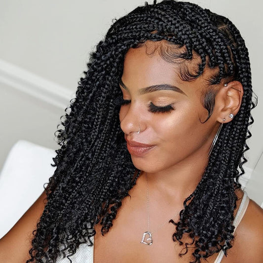 Unionbeauty 8 Packs Boho Box Braids Crochet Hair 14 Inch Messy Goddess Box Braids Crochet Hair Curly Ends Pre-looped Individual Synthetic Braiding Hair Bob Bohemian Hippie Braids for Black Woman 1B#