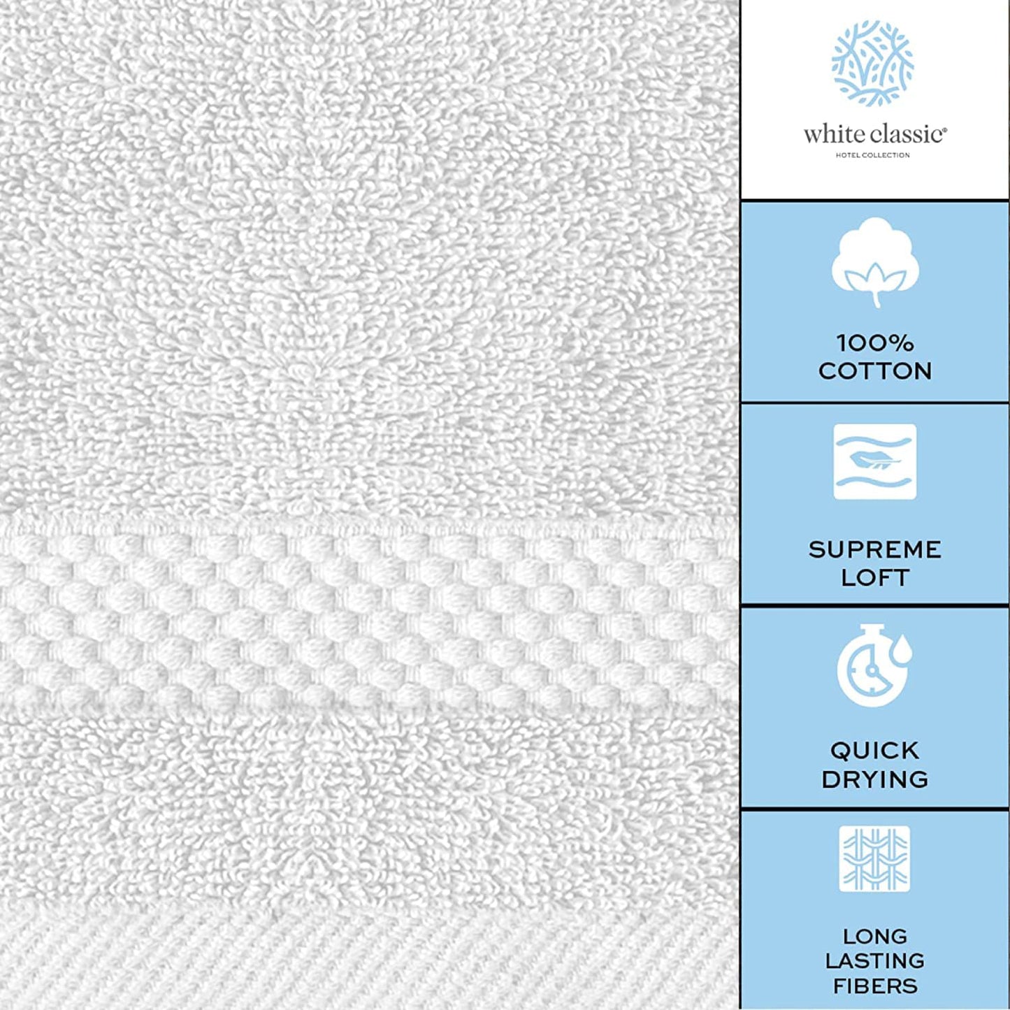 White Classic Luxury Cotton Washcloths - Large Hotel Spa Bathroom Face Towel | 12 Pack | Silver