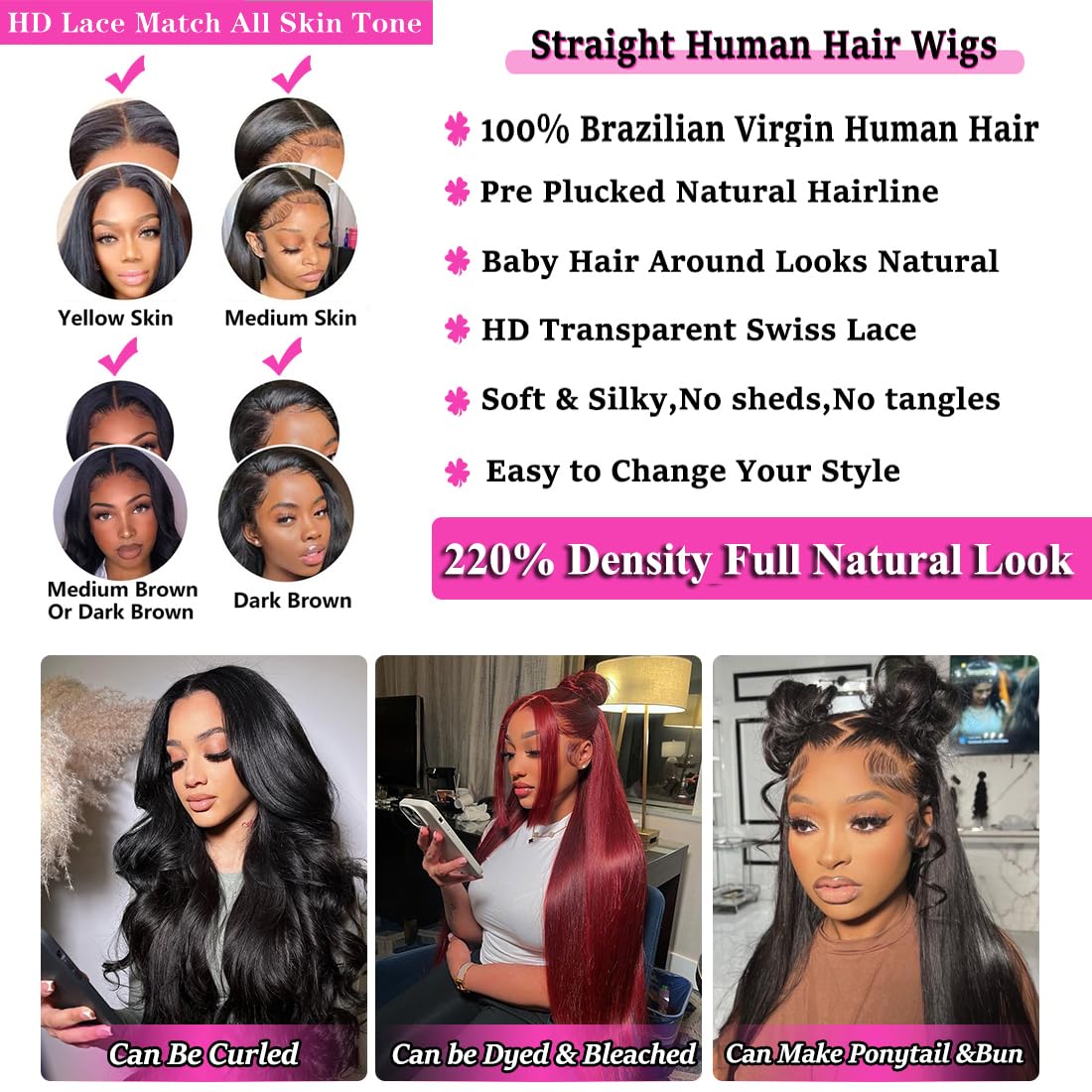 Straight Lace Front Wigs Human Hair 220% Density 13x4 HD Lace Front Wigs Human Hair Pre Plucked Straight Human Hair Wigs for Black Women 20 Inch Glueless Brazilian Lace Frontal Wig with Baby Hair