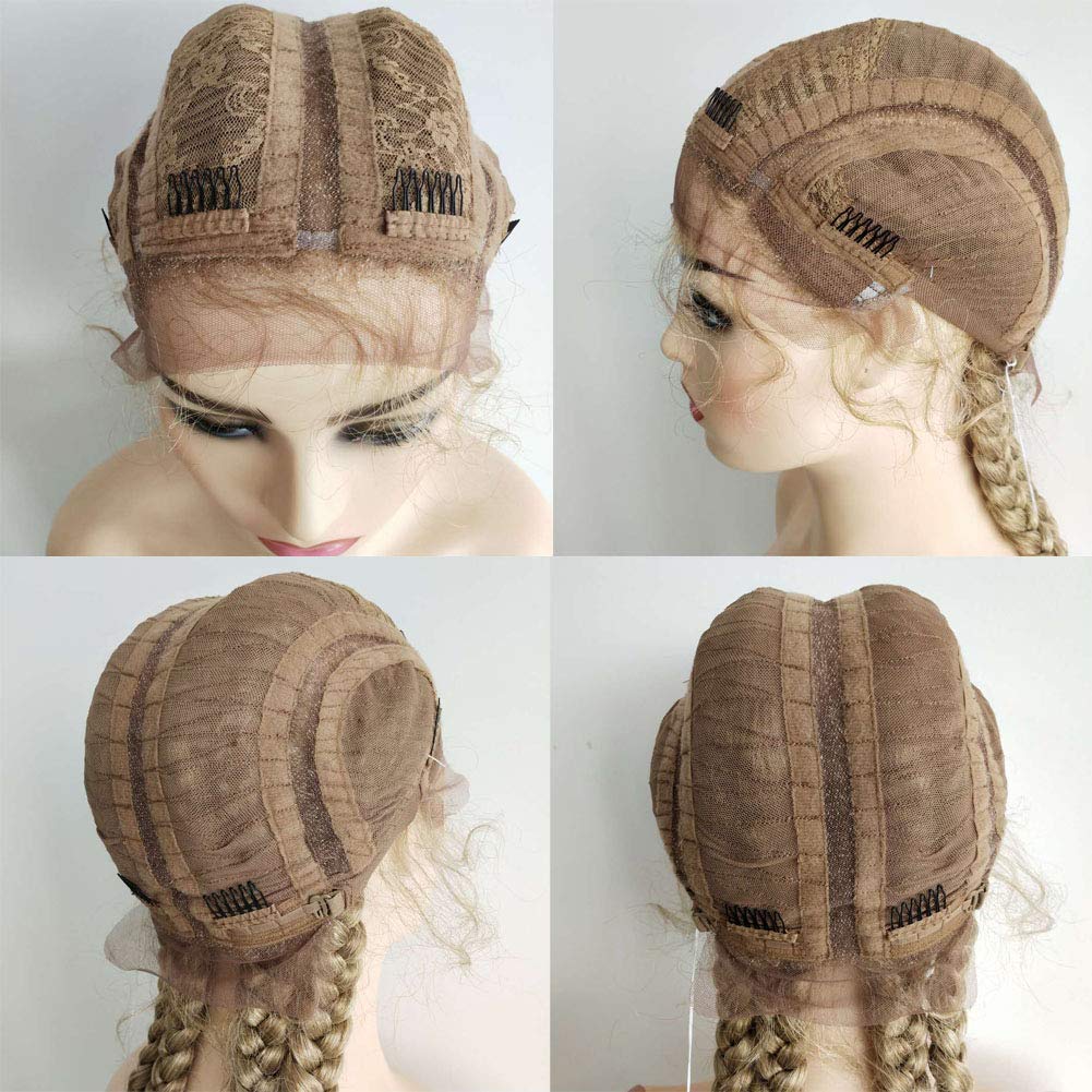 Kalisa Brown Mix Blonde 5 Twist Lace Front Braid Wig Mix Color with Baby Hair Synthetic Wigs Hand Tied Heat Resistant Fiber 5 Braided Daily Wigs for Women 24 Inch
