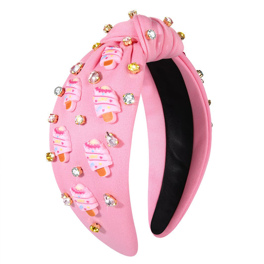 ZOLEAROPY Summer Ice Cream Knotted Headband Sparkle Rhinestone Jeweled Pink Wide Headband Cute Icecream Top Knot Headband Candy Birthday Party Headband