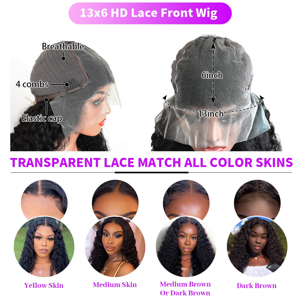 UPIGUILK Glueless HD Lace Front Wigs Human Hair Deep Wave 13x6 HD Lace Frontal Wigs Human Hair Pre Plucked with Baby Hair Curly Wigs for Black Women Human Hair 180% Density Natural Color 16 inch