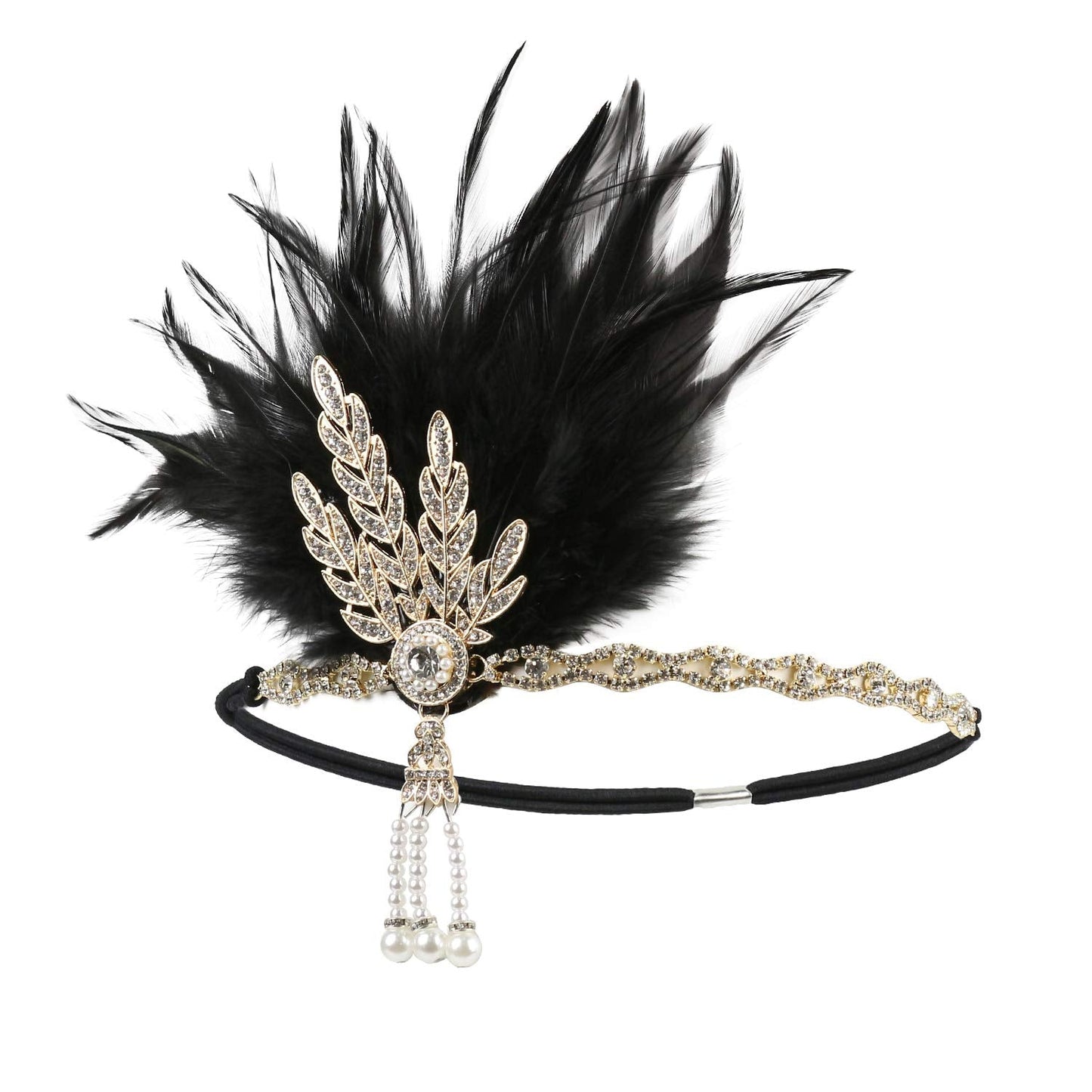 STIOEDYUAN Vintage 1920s Flapper Headband Great Gatsby Feather Headpiece Roaring 20s Leaf Tiara Hair Accessories For Women (Gold+Black)