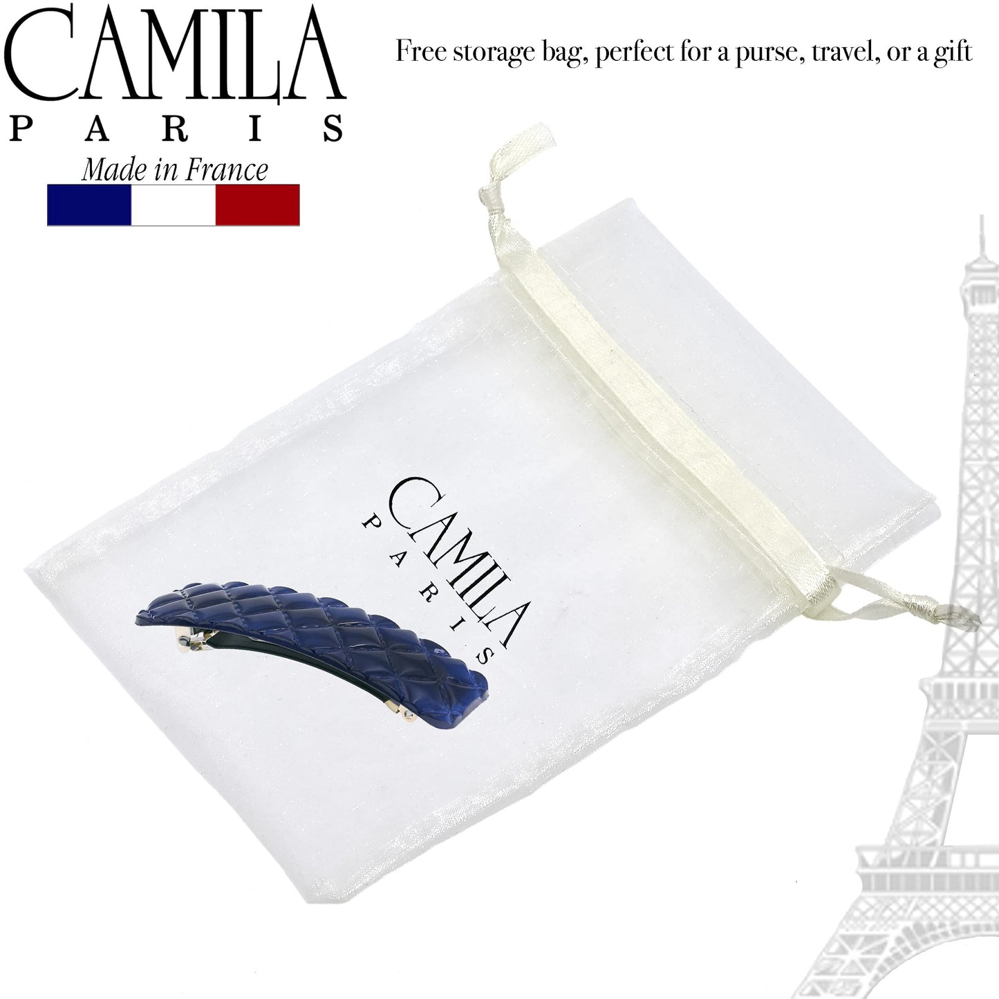 Camila Paris CP3250 French Hair Barrette Clip for Girls, Blue Shell, Rubberized Metal Closure Strong Hold Grip Hair Clips for Women, No Slip Durable Styling Girls Hair Accessories, Made in France